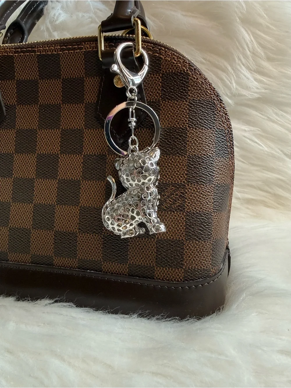 Cat Bag Charm Keychain KeyRing Car Charm Rhinestone Silver Birthday Holiday Gift